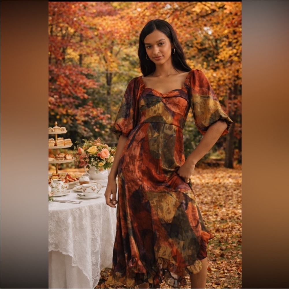 Anthropologie NWT Hutch Printed Twist-Front Puff-Sleeve Ruffle-Hem Midi Dress XS